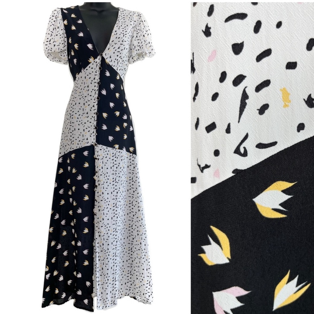 Rahi SZ S Black/White Confetti Patchwork Puff Sleeve Maxi Dress - Picture 4 of 10